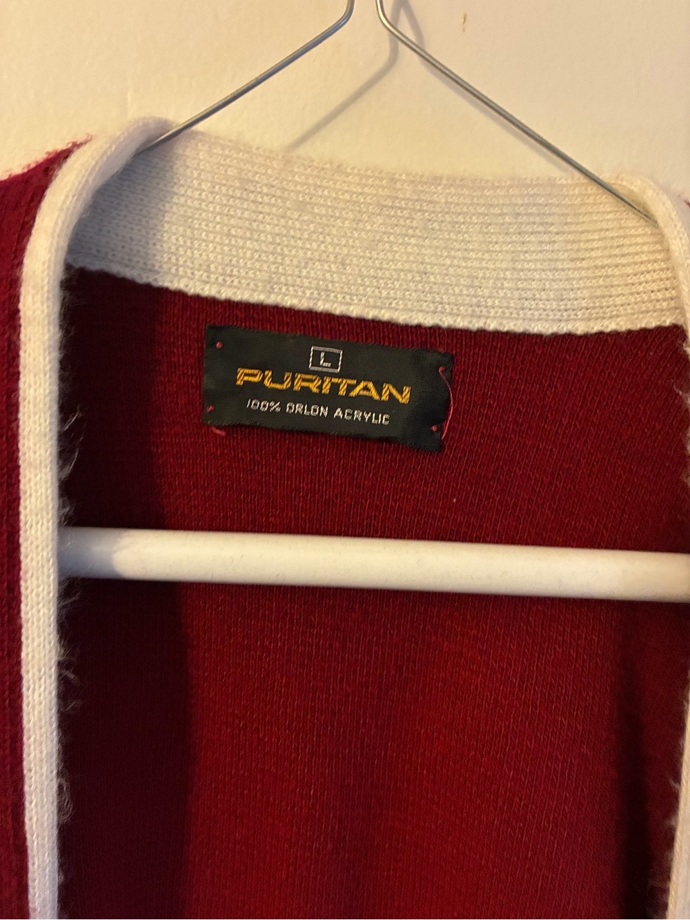 Puritan Red Cardigan Sweater with Cream Contrast Trim - Picture 2 of 3
